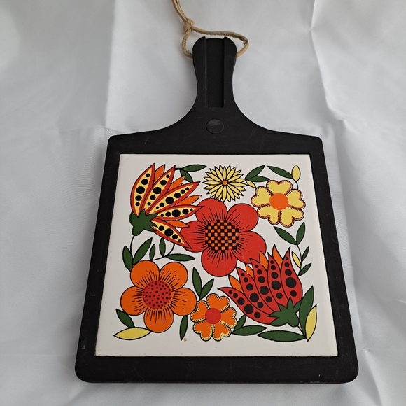 Vintage Floral Ceramic and Wood Trivet - Picture 2 of 7